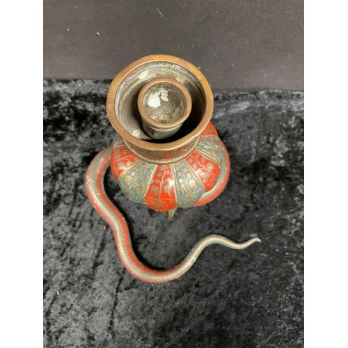 74 - VINTAGE INDIAN PAINTED BRASS COBRA CANDLESTICK ALONG WITH A SIMILAR PAIR OF BIRD CANDLESTICKS