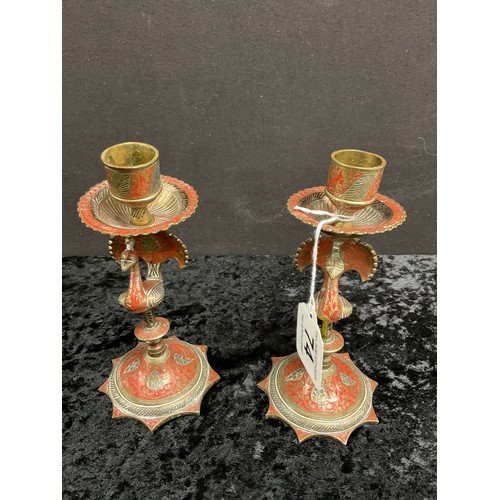 74 - VINTAGE INDIAN PAINTED BRASS COBRA CANDLESTICK ALONG WITH A SIMILAR PAIR OF BIRD CANDLESTICKS