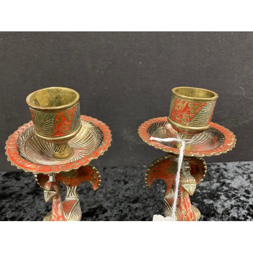 74 - VINTAGE INDIAN PAINTED BRASS COBRA CANDLESTICK ALONG WITH A SIMILAR PAIR OF BIRD CANDLESTICKS