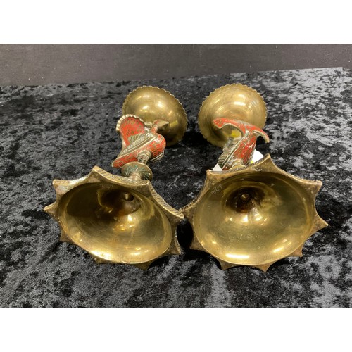 74 - VINTAGE INDIAN PAINTED BRASS COBRA CANDLESTICK ALONG WITH A SIMILAR PAIR OF BIRD CANDLESTICKS