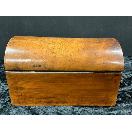 77 - ANTIQUE MAHOGANY DOME TOPPED 2 SECTIONAL TEA CADDY COMPLETE WITH COVERS W8”  D5” H5”