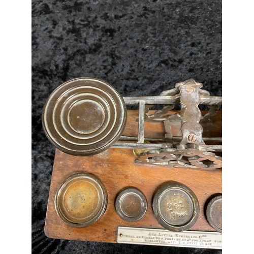 79 - SET OF ANTIQUE BRASS POSTAGE  SCALES WITH WEIGHTS MOUNTED ON WOODEN BASE