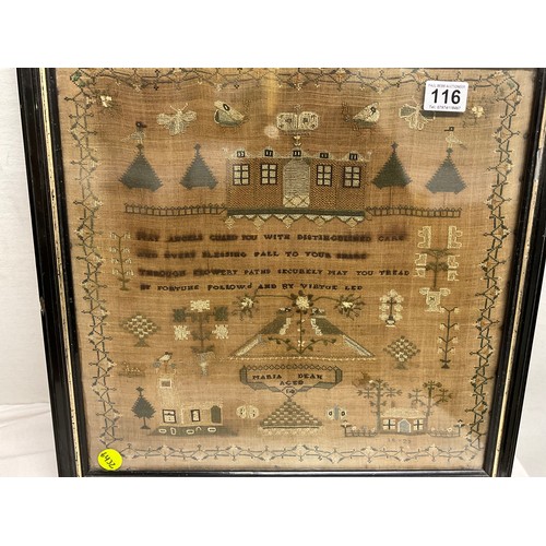 116 - FRAMED ANTIQUE SAMPLER DEPICITNG VARIOUS BUILDINGS, BIRDS ETC SIGNED MARIA DEAN AGED 14   19.5