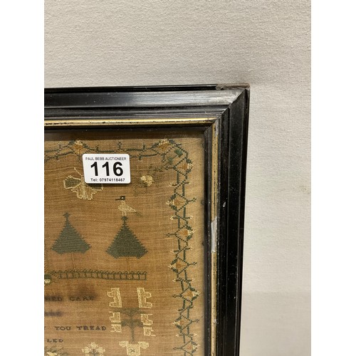 116 - FRAMED ANTIQUE SAMPLER DEPICITNG VARIOUS BUILDINGS, BIRDS ETC SIGNED MARIA DEAN AGED 14   19.5