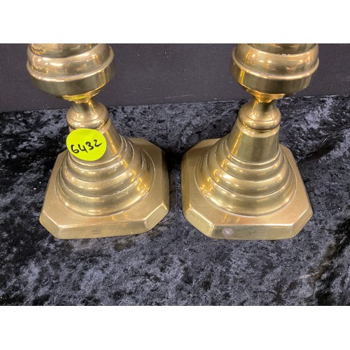 91 - TWO PAIRS OF ANTIQUE BRASS CANDLESTICKS WITH PUSHERS