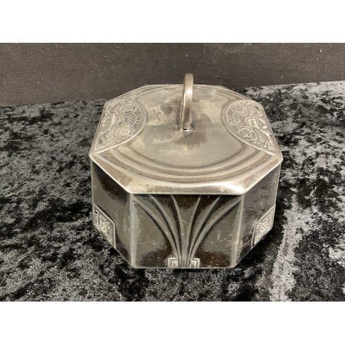 113 - SMALL SILVER PLATED GALLERY TRAY ALONG WITH A WMF VASE AND A WMF LIDDED SUGAR BOWL WITH GLASS LINER