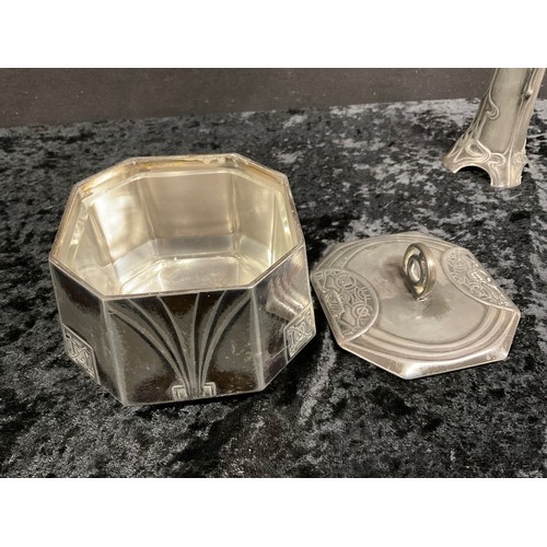 113 - SMALL SILVER PLATED GALLERY TRAY ALONG WITH A WMF VASE AND A WMF LIDDED SUGAR BOWL WITH GLASS LINER