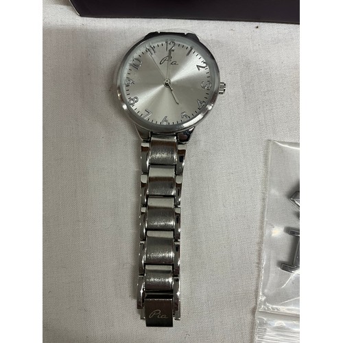 98 - SILVER PLATED PENCIL ALONG WITH THREE LADIES WRIST WATCHES AND A NECKLACE INCLUDING A BLACK DIAL BUL... 