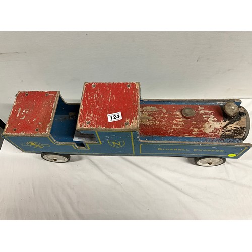 124 - VINTAGE HAND PAINTED WOODEN CHILDS SIT ON STEAM TRAIN TITLES BLUEBELL EXPRESS