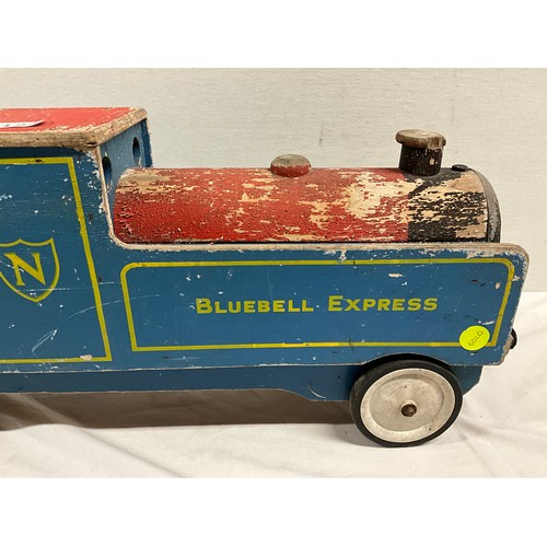 124 - VINTAGE HAND PAINTED WOODEN CHILDS SIT ON STEAM TRAIN TITLES BLUEBELL EXPRESS