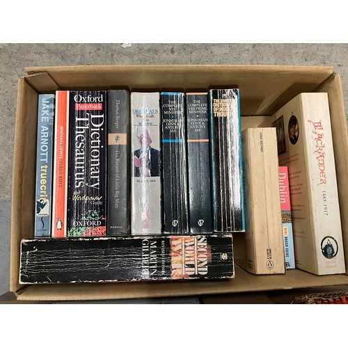 125 - THREE BOXES OF BOOKS AND OLD NEWSPAPERS TO INCLUDE A QUANTITY OF YES PRIME MINISTER