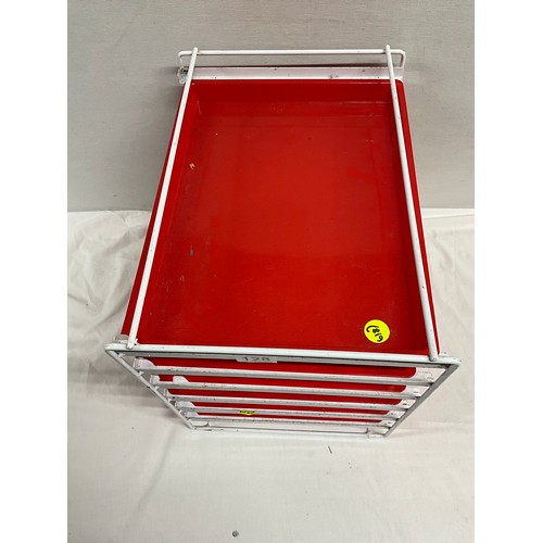 128 - VINTAGE RED AND WHITE DESK TIDY WITH SIX TRAYS H15” W12” D17”