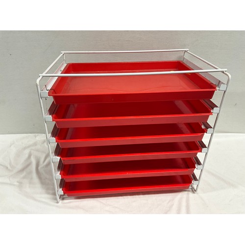 128 - VINTAGE RED AND WHITE DESK TIDY WITH SIX TRAYS H15” W12” D17”