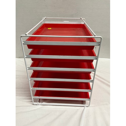 128 - VINTAGE RED AND WHITE DESK TIDY WITH SIX TRAYS H15” W12” D17”