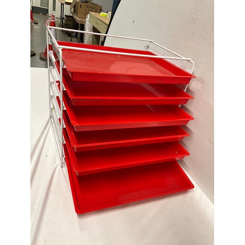 128 - VINTAGE RED AND WHITE DESK TIDY WITH SIX TRAYS H15” W12” D17”