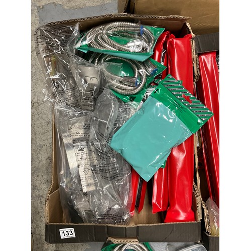 133 - THREE BOXES OF ASSORTED HARDWARE TO INCLUDE SHOWER HOSES, TOOLS ETC