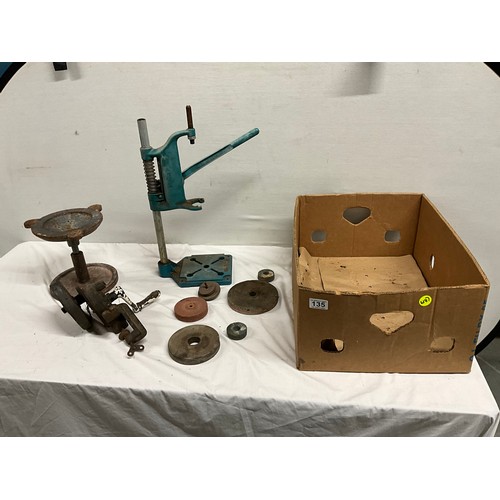 135 - VINTAGE DRILL STAND, GRINDING  WHEEL AND A BOX OF DOOR HANDLES AND BRACKETS ETC