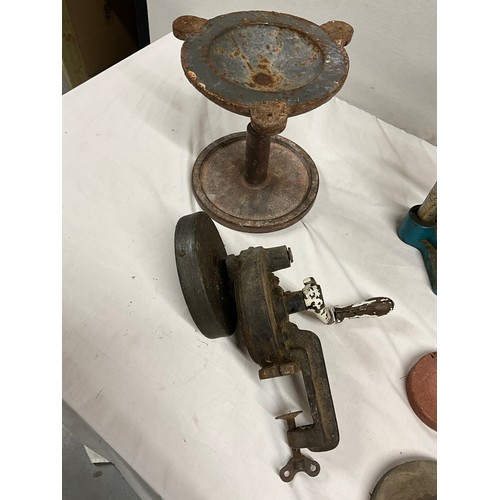 135 - VINTAGE DRILL STAND, GRINDING  WHEEL AND A BOX OF DOOR HANDLES AND BRACKETS ETC