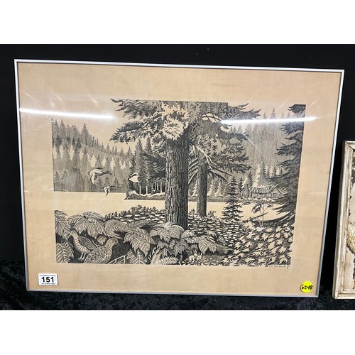 151 - FRAMED WOODBLOCK PRINT OF A WOODLAND SCENE SIGNED GE SEVERINE (77)  18” X 24” ALONG WITH A SMALL SIL... 