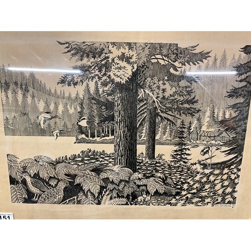 151 - FRAMED WOODBLOCK PRINT OF A WOODLAND SCENE SIGNED GE SEVERINE (77)  18” X 24” ALONG WITH A SMALL SIL... 