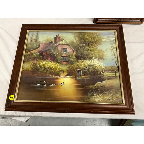 148 - TWO FRAMED AND GLAZED COUNTRY SCENE OIL PAINTINGS 23” X 20” ALONG WITH A WALL CLOCK 20” X 12”