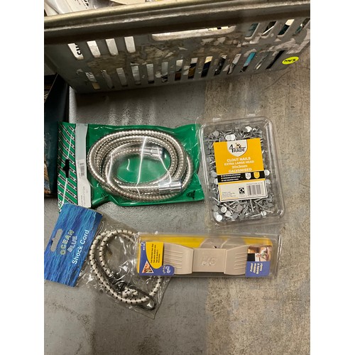 153 - TRAY OF HARDWARE TO INCLUDE SHOWER HOSES, DOOR BOLTS, TOOL BOX WITH TOOLS ETC