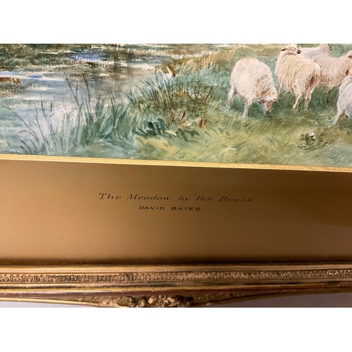 165 - WATERCOLOR SIGNED DAVID BATES ENTITLED THE MEADOW BY THE BROOK IN A WOODEN GILT GOLD ORNATE FRAME 23... 