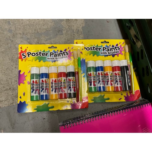 169 - BOX OF  CHILDRENS POSTER PAINTS WITH BRUSHES, A4 NEW NOTEBOOKS, PAPER FASTENING MACHINE AND A BOX OF... 