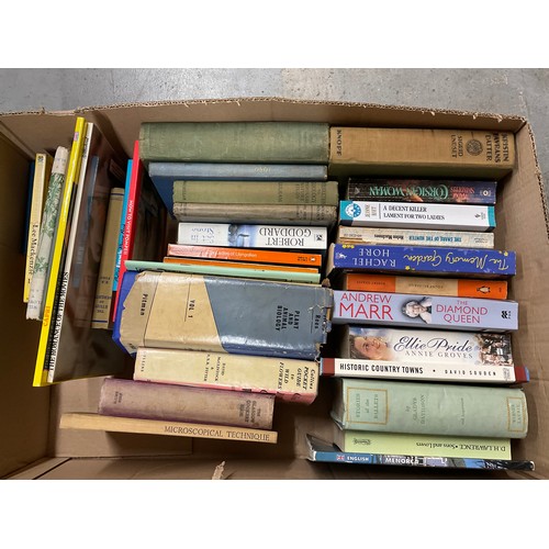 176 - TWO BOXES OF HARDBACK AND SOFTBACK REFERENCE BOOKS AND FICITONAL NOVELS A HAYNES REFERENCE MANUALS, ... 