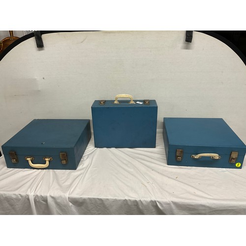 175 - THREE BLUE CASED VINTAGE SIRRAM PICNIC TEA SETS TO INCLUDE CONTENTS A/F