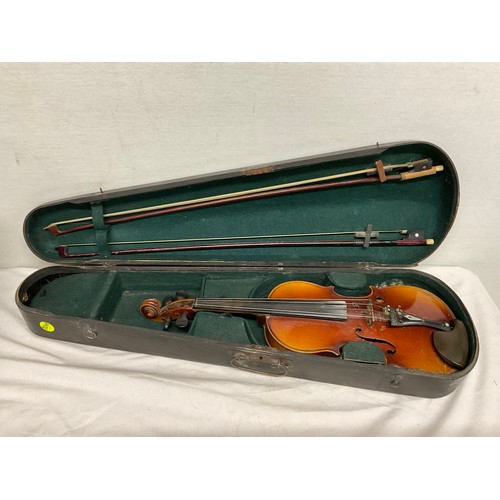 195 - VIOLIN IN HARD WOOD CASE (SIGNS OF WORM) WITH TWO BOWS AND A LEATHER GENTLEMANS BRIEFCASE