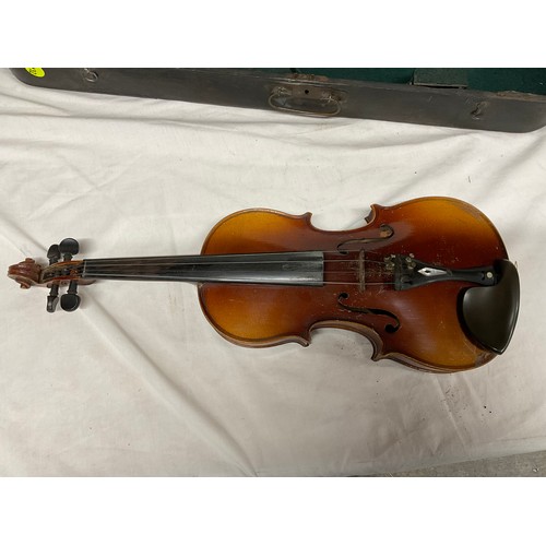 195 - VIOLIN IN HARD WOOD CASE (SIGNS OF WORM) WITH TWO BOWS AND A LEATHER GENTLEMANS BRIEFCASE