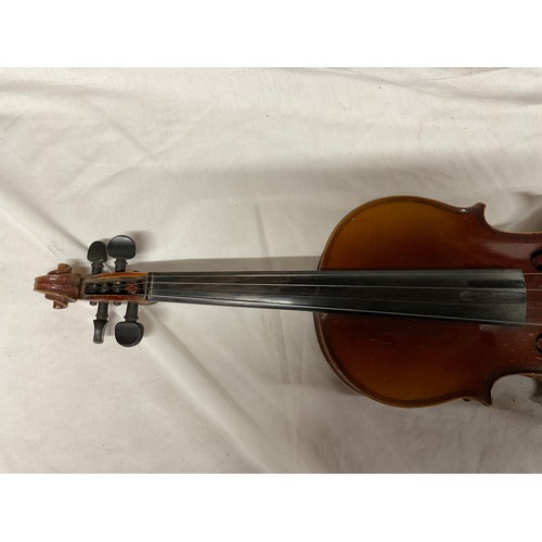 195 - VIOLIN IN HARD WOOD CASE (SIGNS OF WORM) WITH TWO BOWS AND A LEATHER GENTLEMANS BRIEFCASE