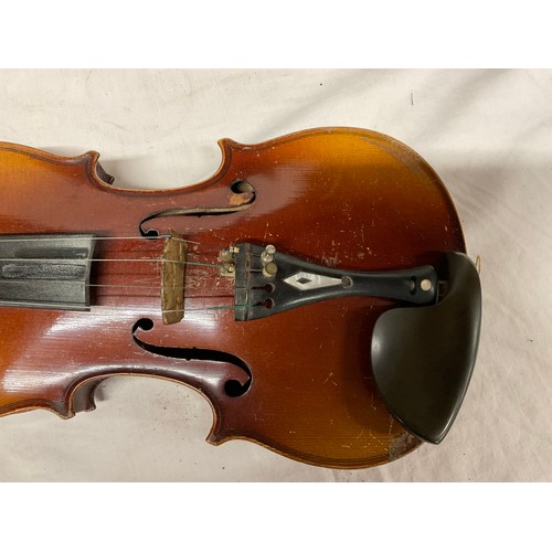 195 - VIOLIN IN HARD WOOD CASE (SIGNS OF WORM) WITH TWO BOWS AND A LEATHER GENTLEMANS BRIEFCASE