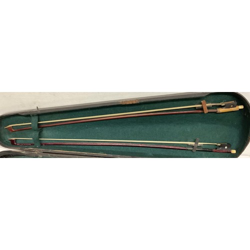 195 - VIOLIN IN HARD WOOD CASE (SIGNS OF WORM) WITH TWO BOWS AND A LEATHER GENTLEMANS BRIEFCASE