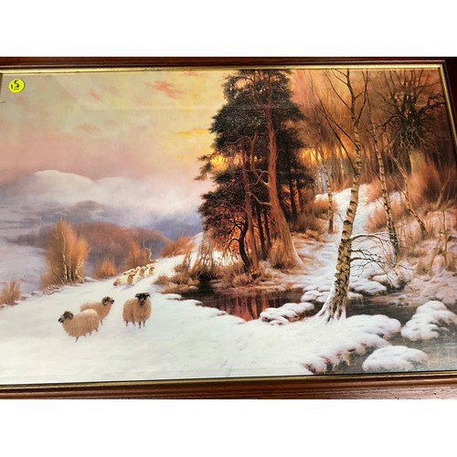 196 - THREE LARGE PRINTS DEPICTING LONDON STREET SCENE, WINTER COUNTRYSIDE SCENE AND A CLAUDE MONET LARGES... 