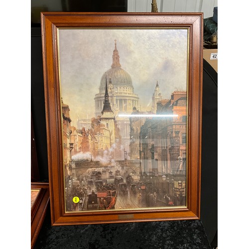 196 - THREE LARGE PRINTS DEPICTING LONDON STREET SCENE, WINTER COUNTRYSIDE SCENE AND A CLAUDE MONET LARGES... 