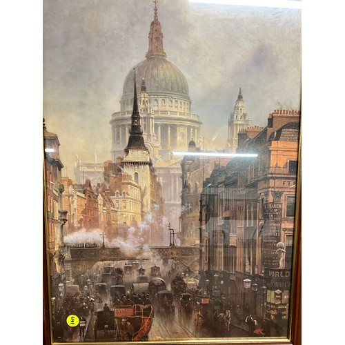 196 - THREE LARGE PRINTS DEPICTING LONDON STREET SCENE, WINTER COUNTRYSIDE SCENE AND A CLAUDE MONET LARGES... 