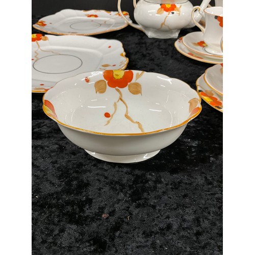 205 - QUANTITY OF ENGLISH CHINA PANSY DESIGN HAND PAINTED INCLUDING CUPS, SAUCERS, TEAPOT, SIDE PLATE ETC ... 