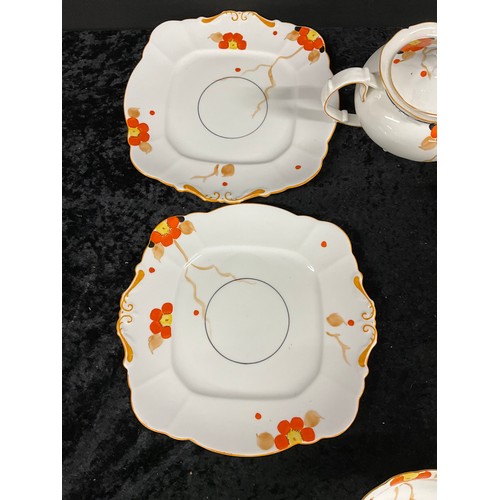 205 - QUANTITY OF ENGLISH CHINA PANSY DESIGN HAND PAINTED INCLUDING CUPS, SAUCERS, TEAPOT, SIDE PLATE ETC ... 