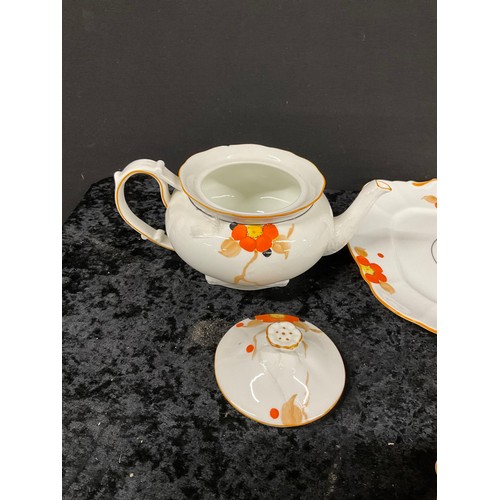 205 - QUANTITY OF ENGLISH CHINA PANSY DESIGN HAND PAINTED INCLUDING CUPS, SAUCERS, TEAPOT, SIDE PLATE ETC ... 