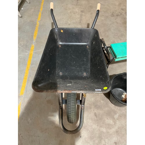 242 - METAL WHEELBARROW WITH GARDENING SEAT, PETROL CAN, BUCKET AND BAG OF MULTICEM