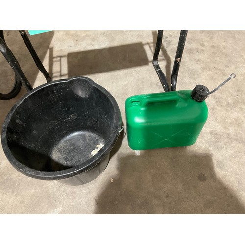 242 - METAL WHEELBARROW WITH GARDENING SEAT, PETROL CAN, BUCKET AND BAG OF MULTICEM