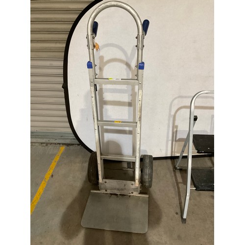 244 - LARGE 7 STEP LADDER, ADDITIONAL 2 STEP FOLDING LADDER AND ALUMINIUM STACKER TROLLEY