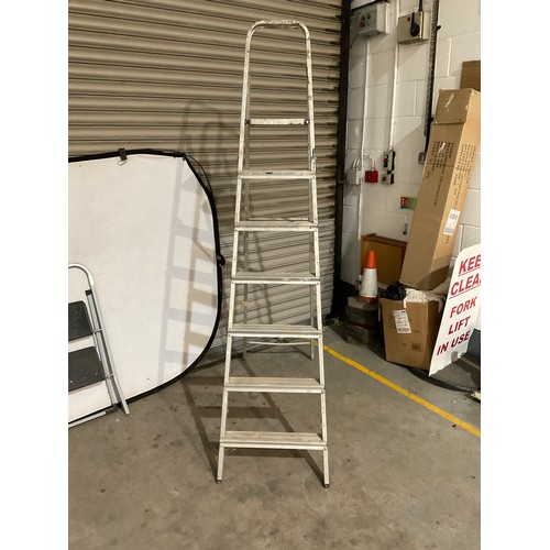 244 - LARGE 7 STEP LADDER, ADDITIONAL 2 STEP FOLDING LADDER AND ALUMINIUM STACKER TROLLEY