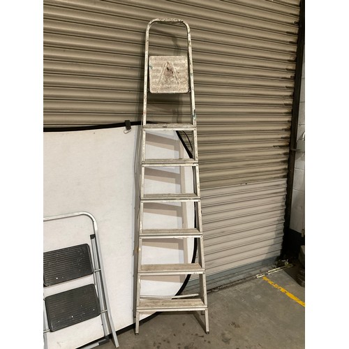 244 - LARGE 7 STEP LADDER, ADDITIONAL 2 STEP FOLDING LADDER AND ALUMINIUM STACKER TROLLEY