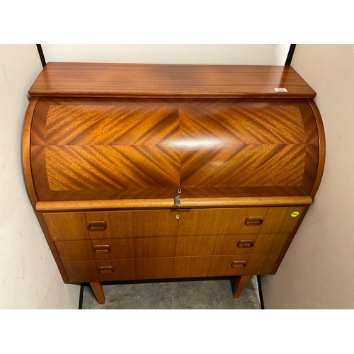 343 - VINTAGE TEAK CYLINDER TOP BUREAU ON SQUARE TAPERING LEGS W35