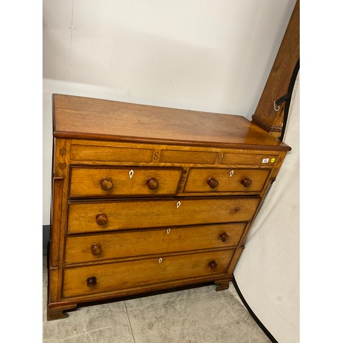 356 - VICTORIAN GOLDEN OAK TWO OVER THREE BRACKET FOOT CHEST WITH THREE SECRET DRAWERS TO TOP W47