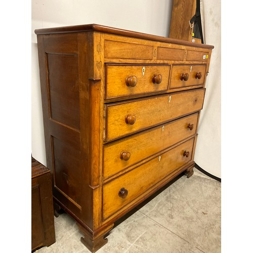 356 - VICTORIAN GOLDEN OAK TWO OVER THREE BRACKET FOOT CHEST WITH THREE SECRET DRAWERS TO TOP W47