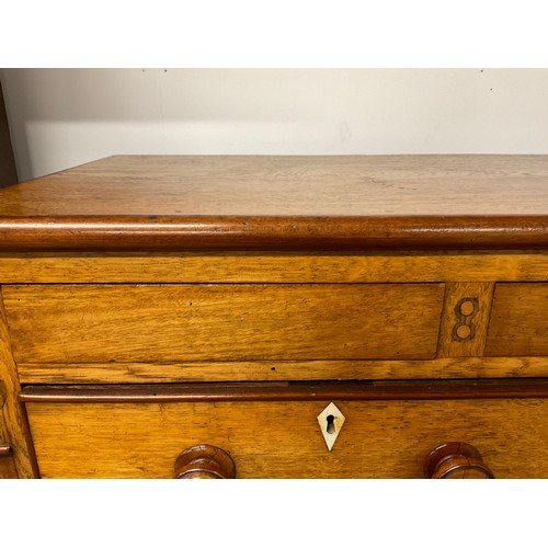 356 - VICTORIAN GOLDEN OAK TWO OVER THREE BRACKET FOOT CHEST WITH THREE SECRET DRAWERS TO TOP W47